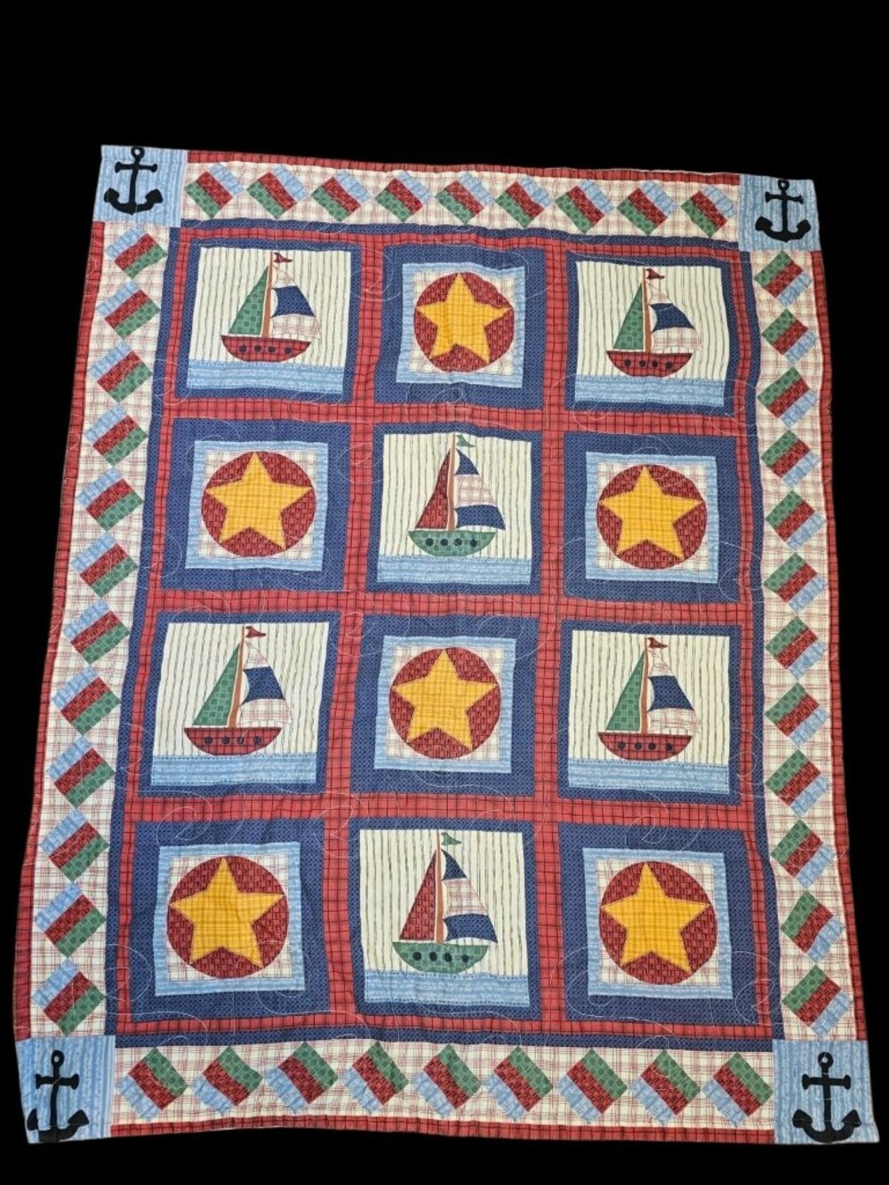 VTG 90s Nautical Sailboat Star Baby Quilt Blanket Leslie Beck 33 X 42 In